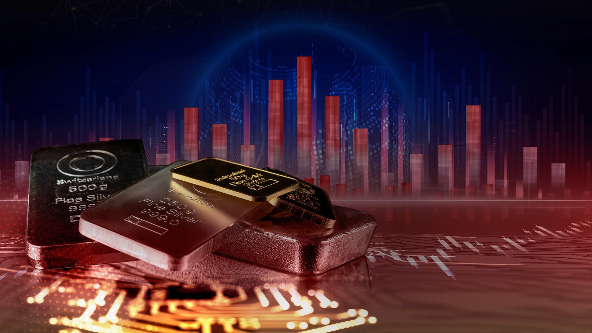 Gold bars on a futuristic neon blue and red background, representing the AI trading market and the commodities news.