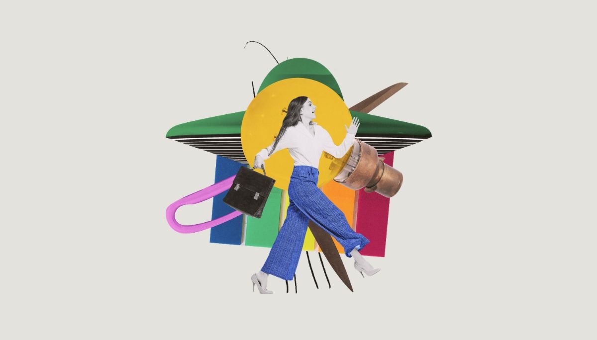 Stylized collage of person with briefcase and geometric shapes, representing personal branding for career success.