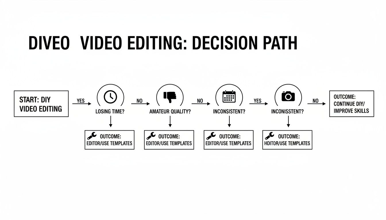 Flowchart for video editing decision path, evaluating DIY editing challenges and outsourcing options.