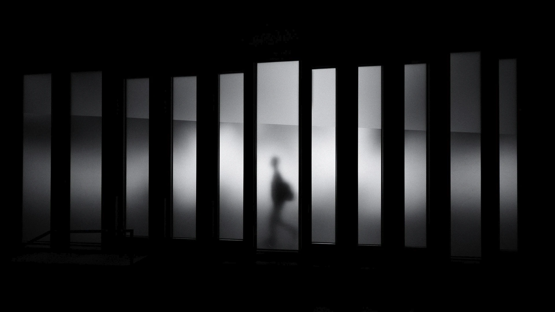 grayscale photo of person running in panel paintings