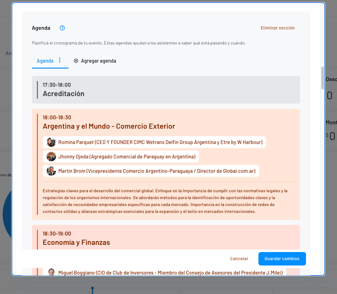 gestión de agenda del evento en tiempo real