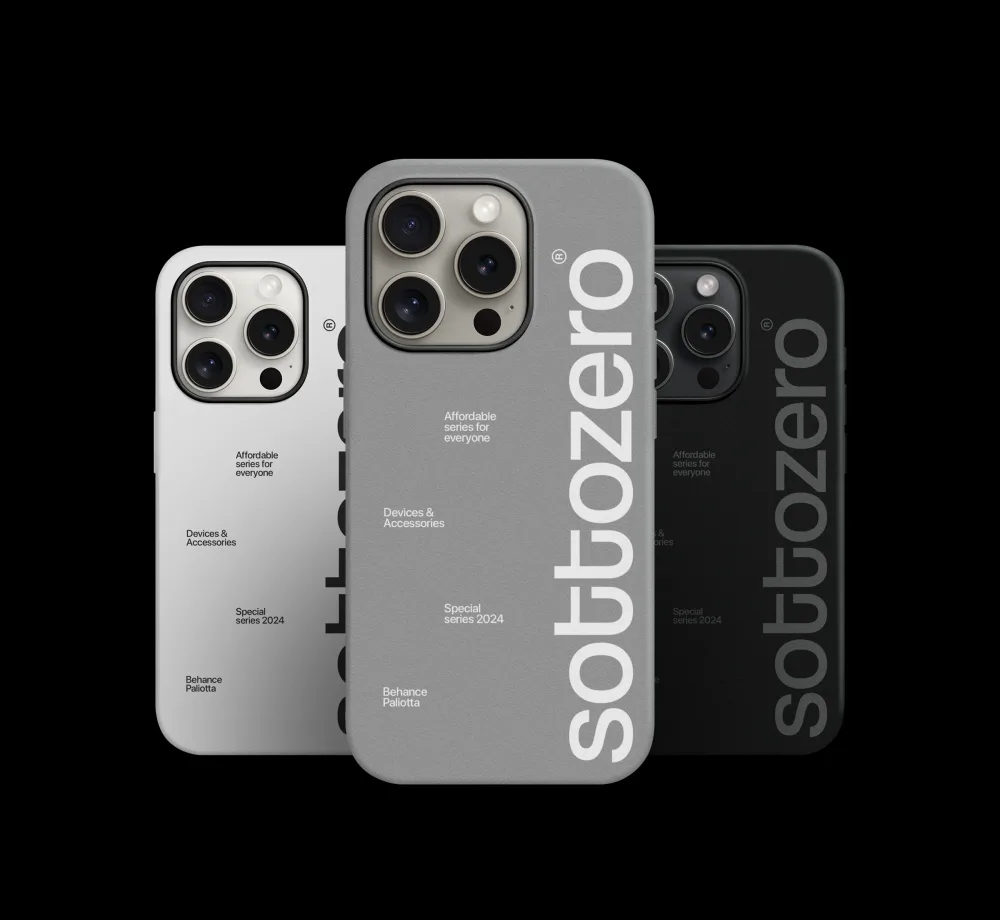 Minimalist phone case mockup featuring three cases in silver, gray, and black, each with bold branding and subtle text details. Sleek design on a dark background.