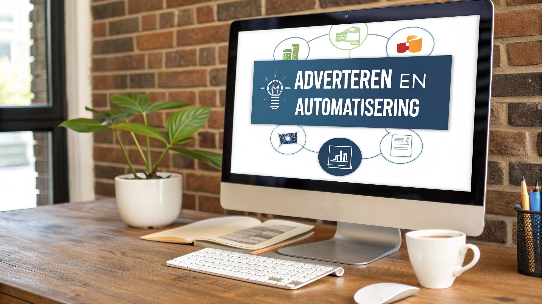 Een modern bureau met een iMac waarop 'ADVERTEREN EN AUTOMATISERING' staat, omringd door pictogrammen.