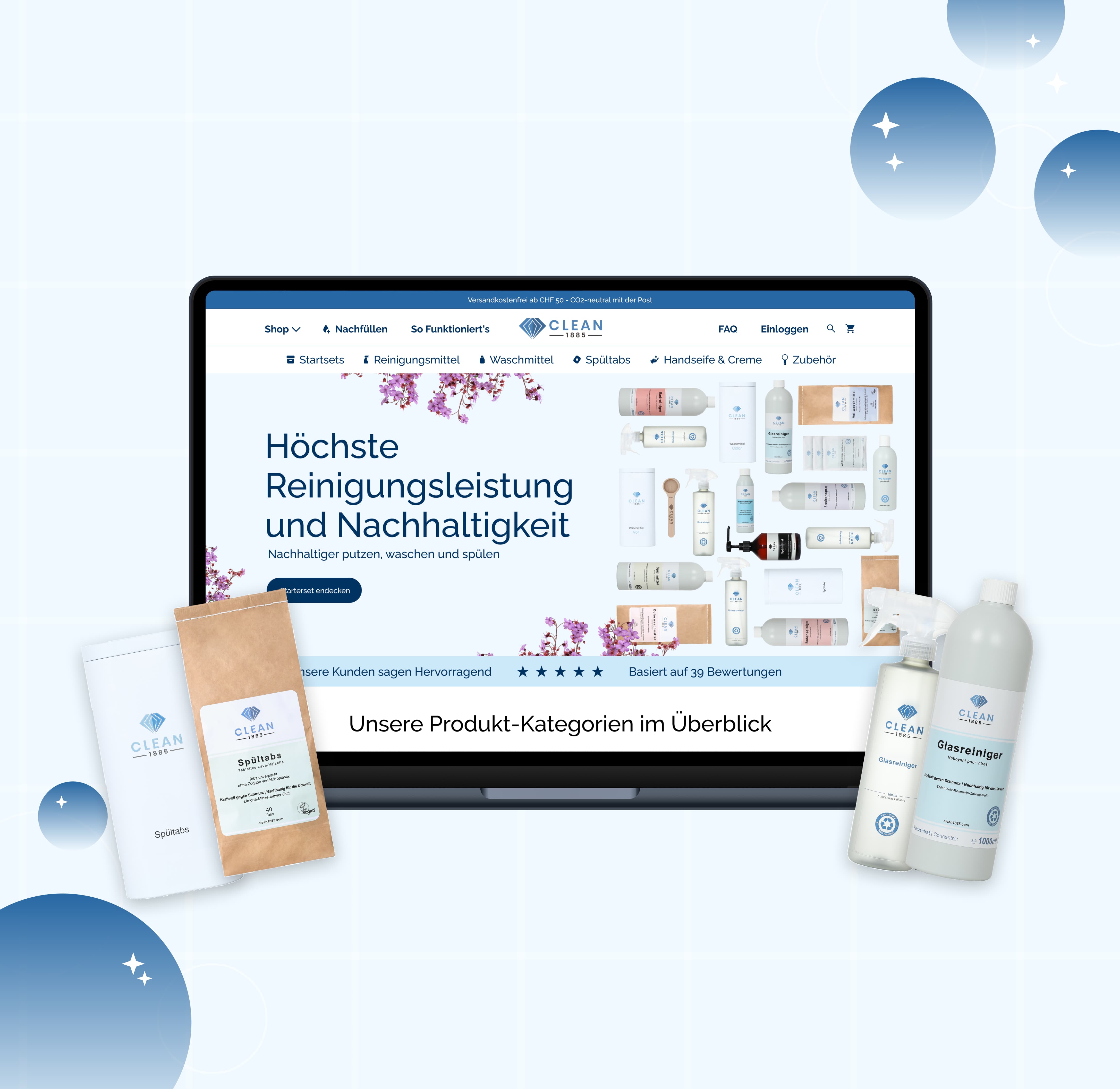 Laptop displaying the Clean 1885 e-commerce website in German, surrounded by product packaging including bottles and a paper bag, on a light blue background