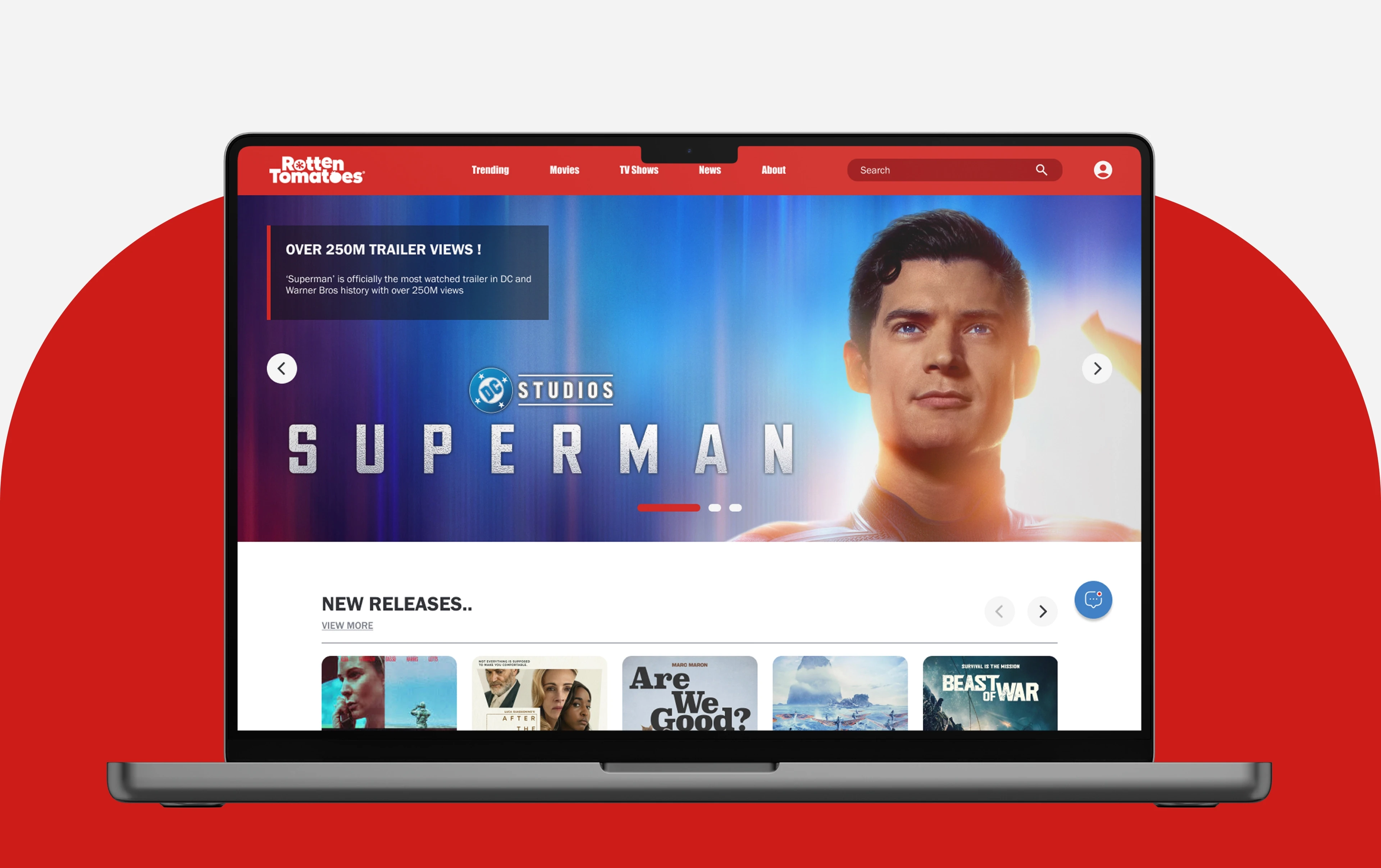 Rotten Tomatoes homepage mockup on a laptop.