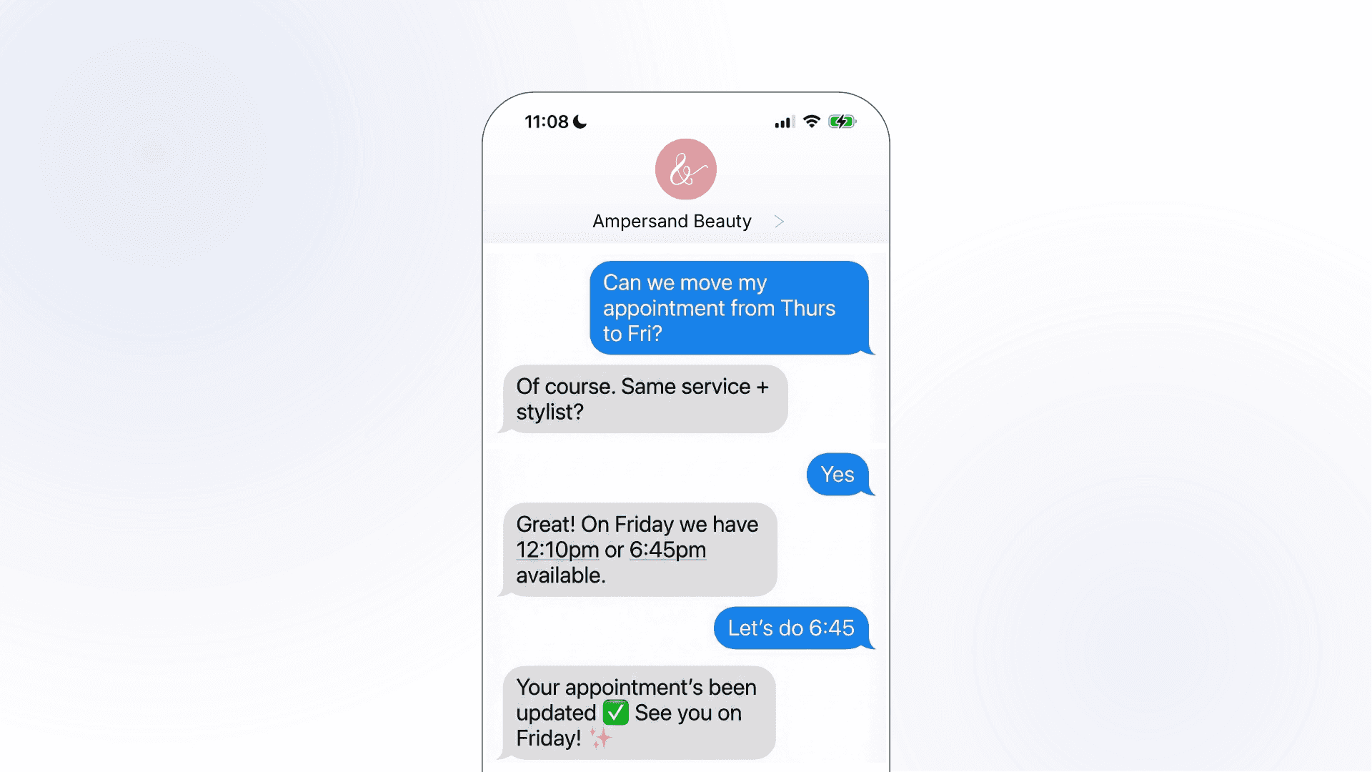A smartphone mockup showing an Ampersand Beauty SMS conversation where a customer reschedules their appointment from Thursday to Friday at 6:45pm, with the same service and stylist, in just five messages.