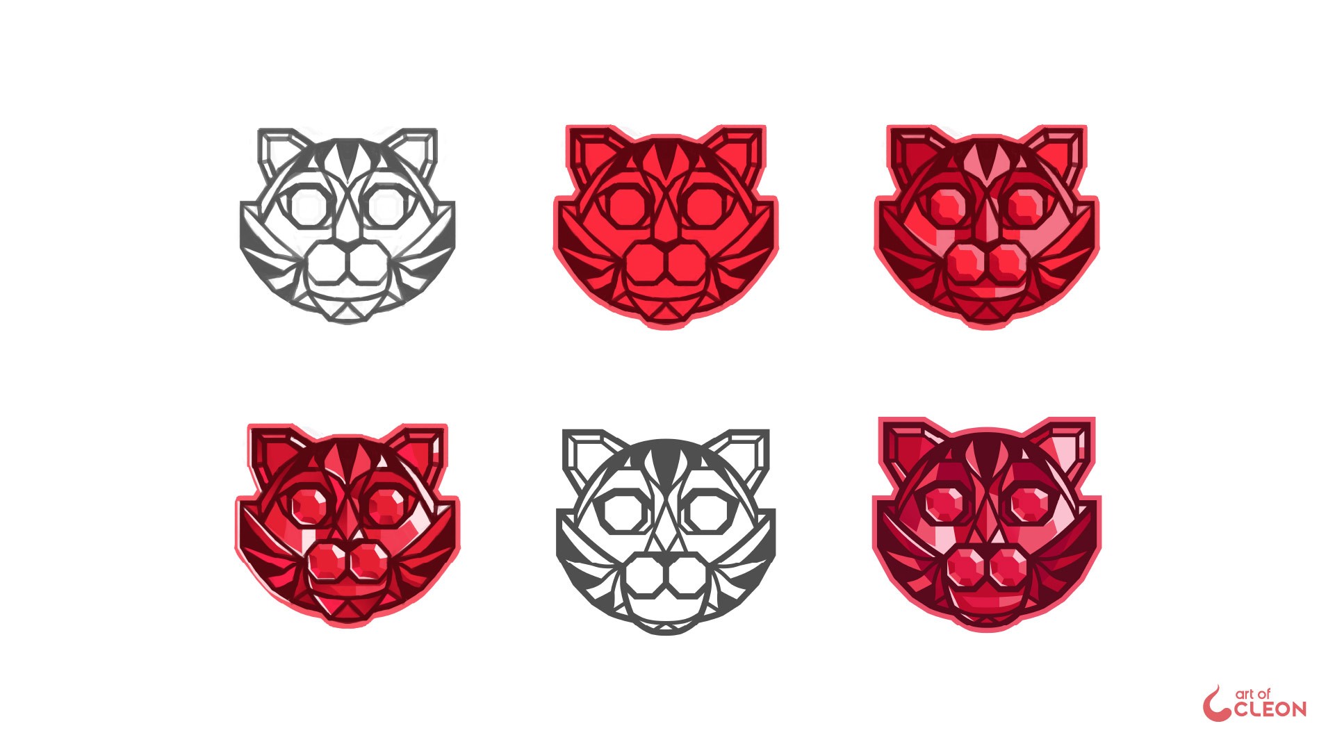 Symbol development showing geometric studies that combine a cat face with the planes of a cut ruby.