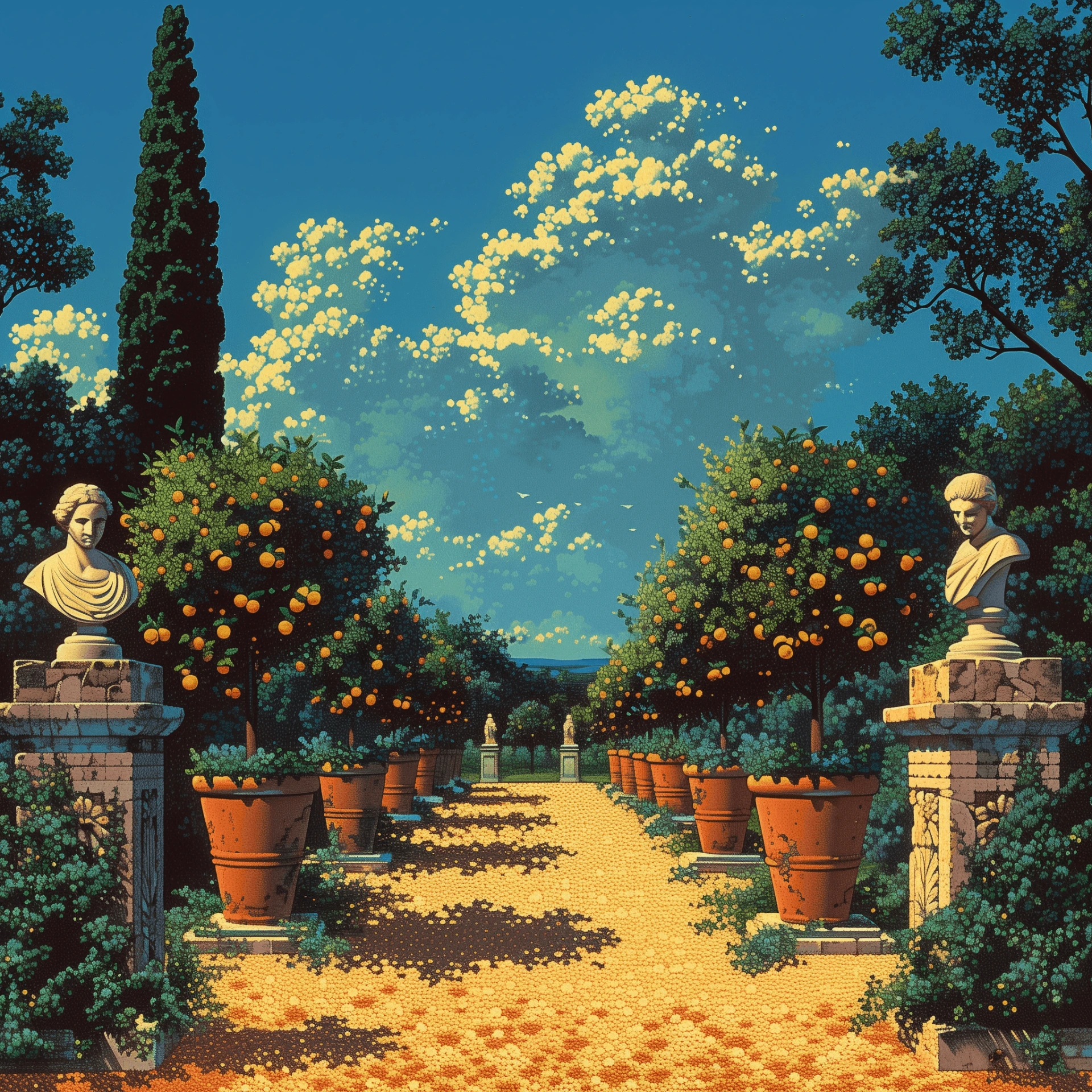 Illustration en pixel art d'une allée de jardin ensoleillée, bordée d'orangers en pots et de bustes classiques en pierre.