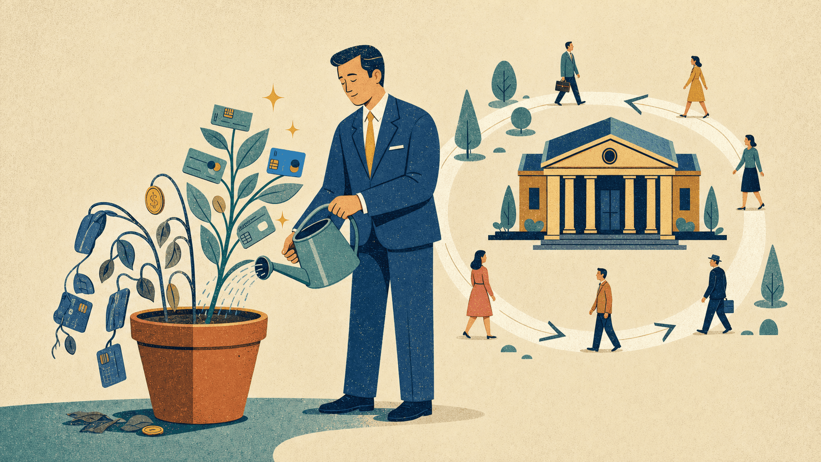 Illustration eines Lifecycle-Kreislaufs mit fünf Phasen von Akquisition bis Reaktivierung im Retail Banking