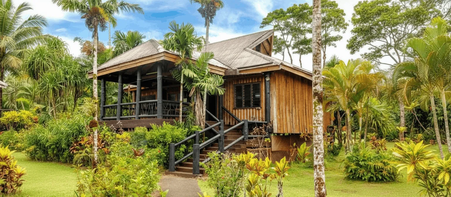 A raised wooden accommodation with a wide porch and steps, nestled among green tropical plants at Uprising Beach Resort.