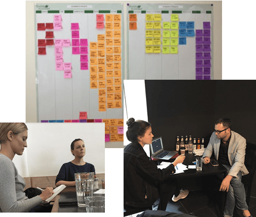 Photo of a usability testing session with a merchant seated at a table, reviewing a debit card experience while discussing tasks and feedback with a researcher.