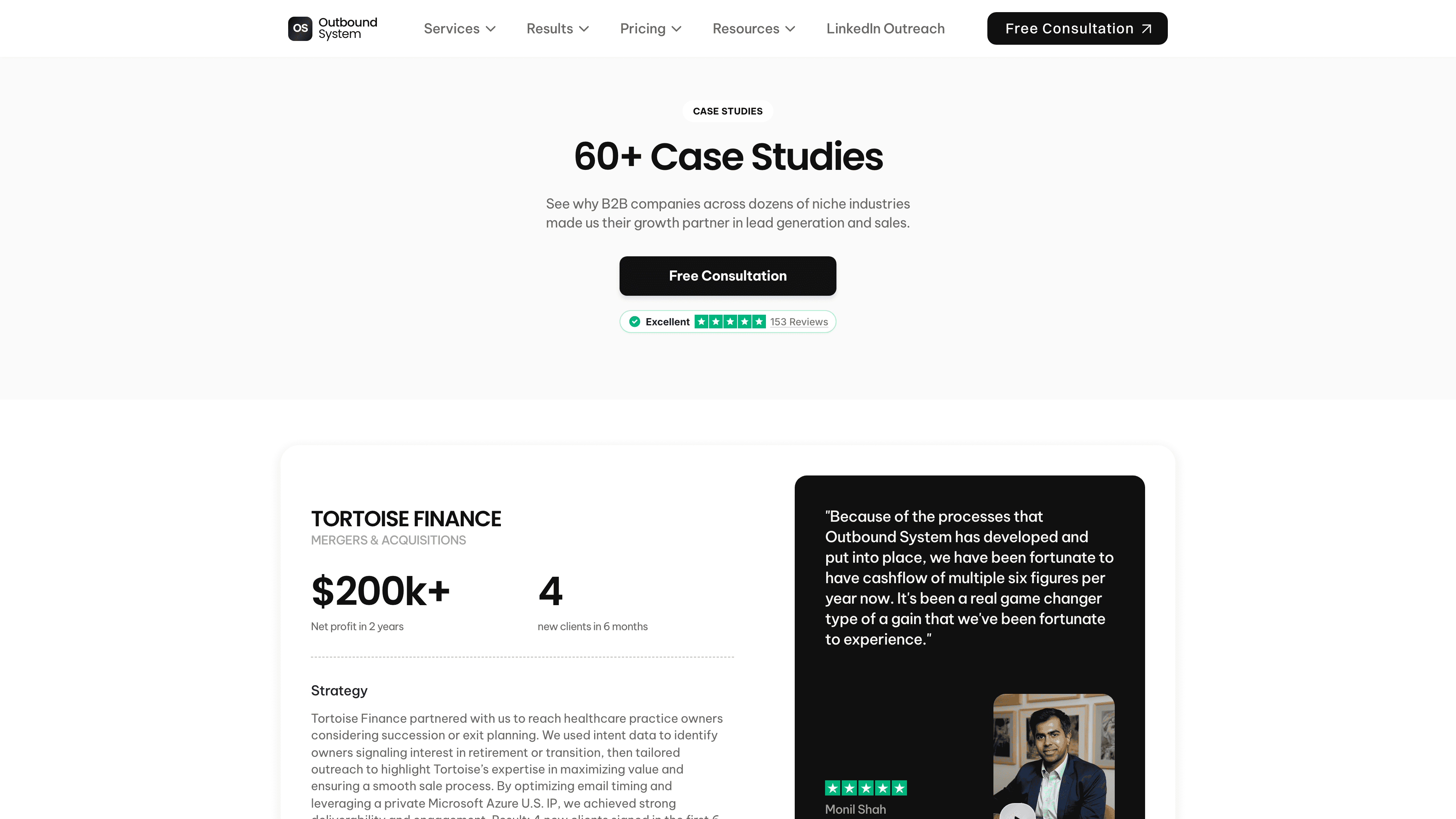 Outbound System case studies page displaying B2B client success stories with qualified meetings and revenue metrics
