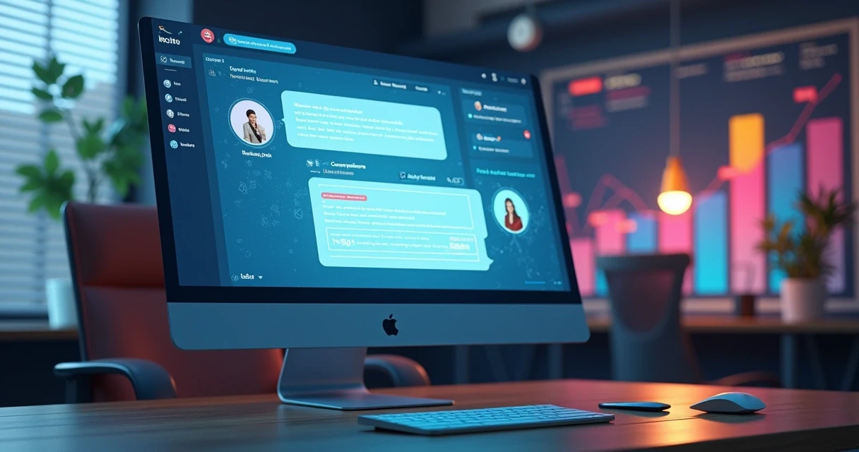 Chatbot conversando em uma tela de computador enquanto dados são exibidos ao fundo 