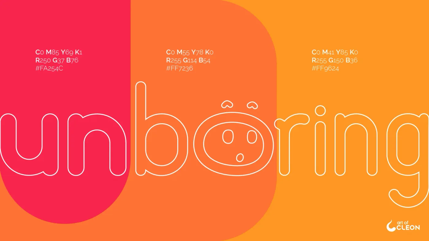 Three color fields (#FA254C, #FF7236, and #FF9624) with the outlined wordmark spanning them as “un,” “bo,” and “ring”.