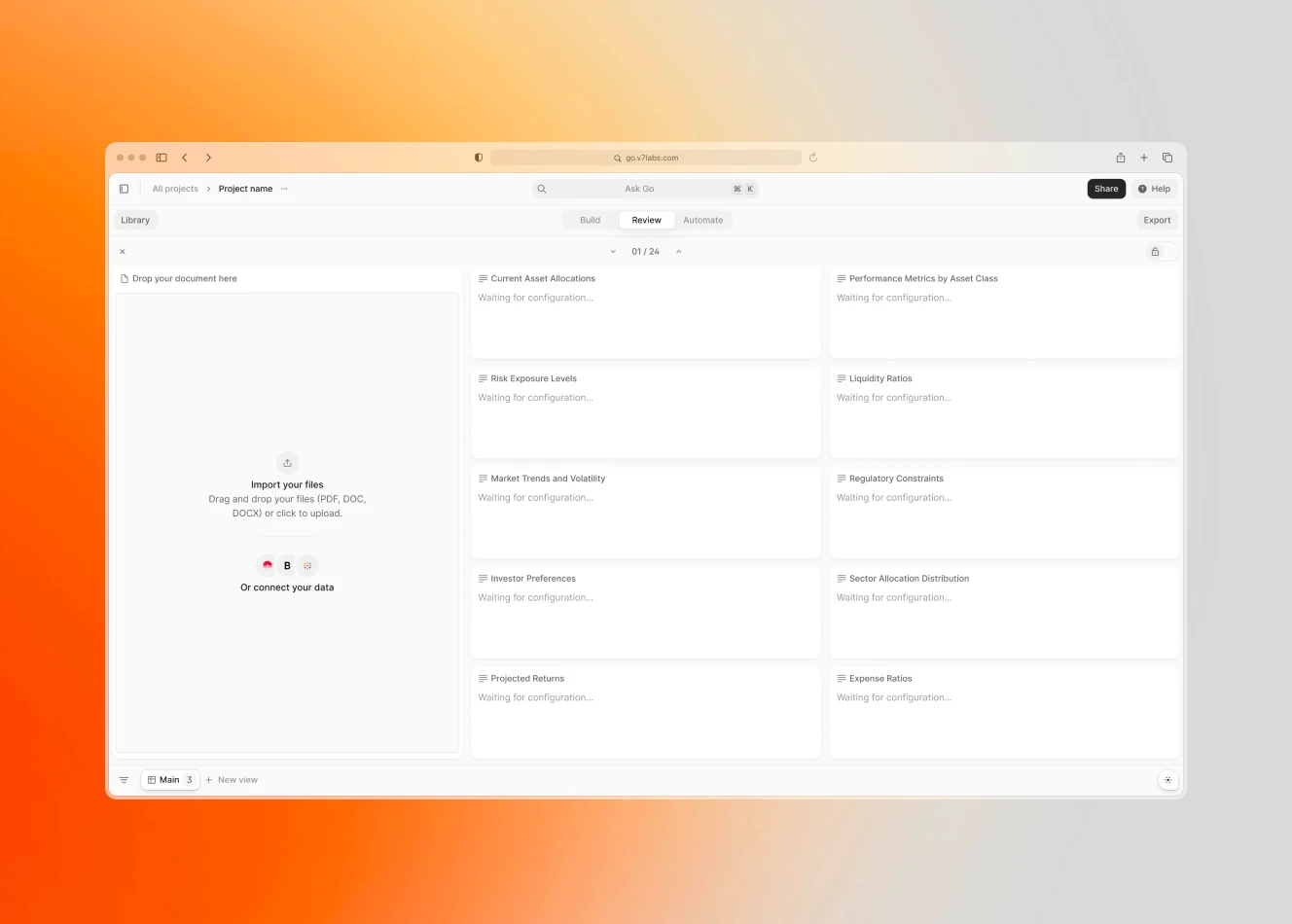 A document upload interface with options for analyzing financial metrics such as asset allocations and regulatory constraints.