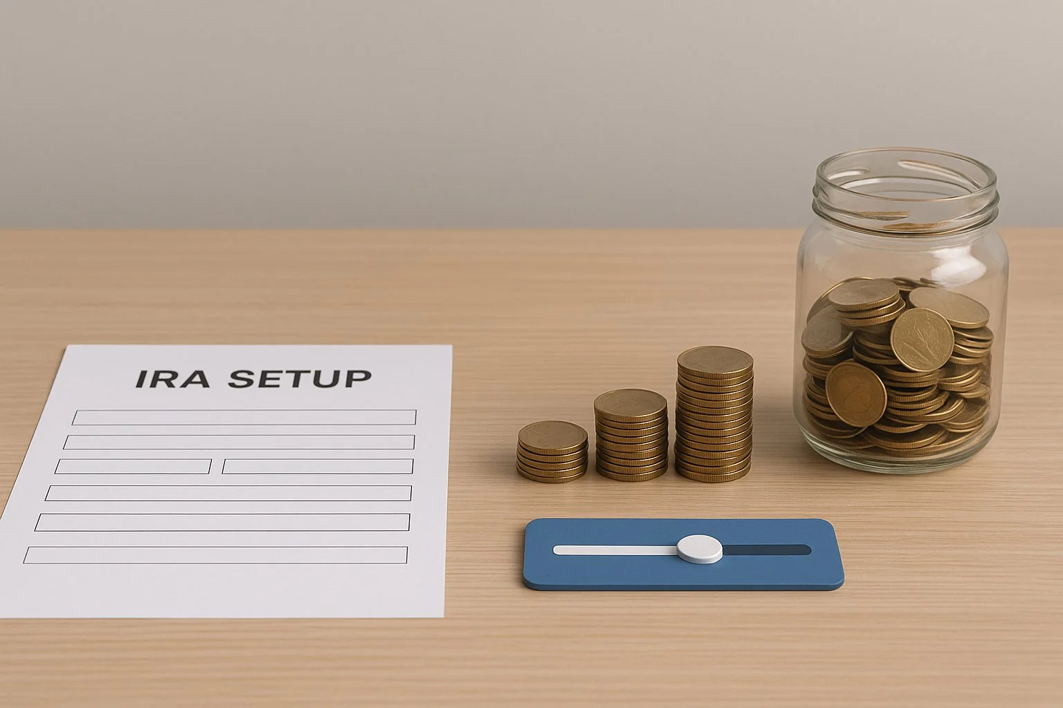 Tidy desktop with an IRA setup form, a slider icon representing contribution flexibility, and a small stack of coins growing toward a jar.