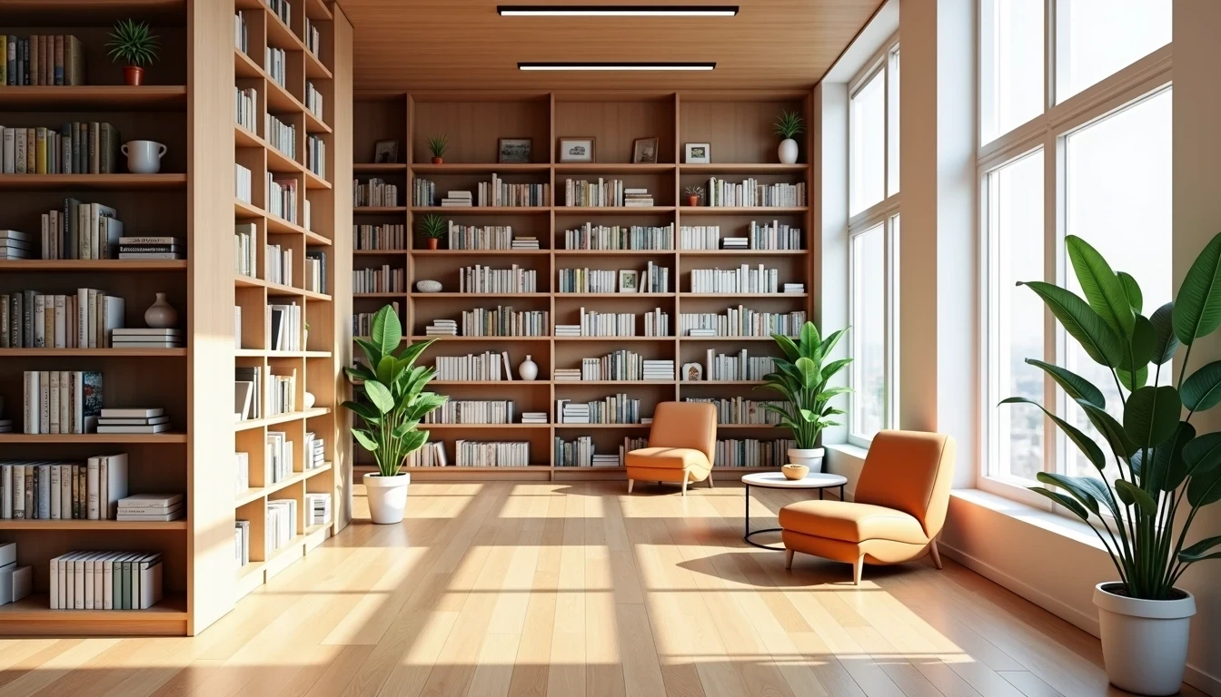 Image of books on shelves with comfortable seating around. Could be a library. 