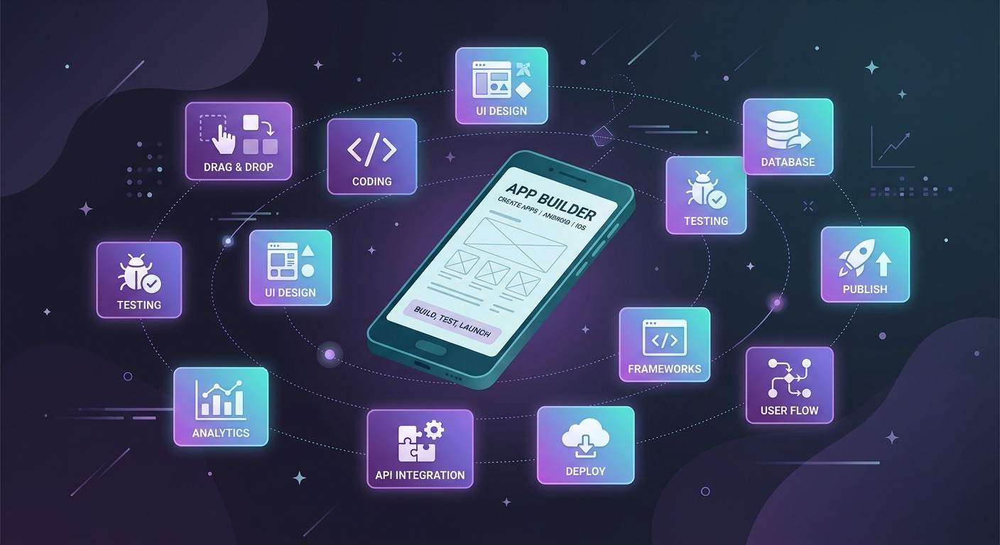 Constellation of AI app builder capabilities orbiting a central Android phone with UI design, coding, testing, database, and publish modules