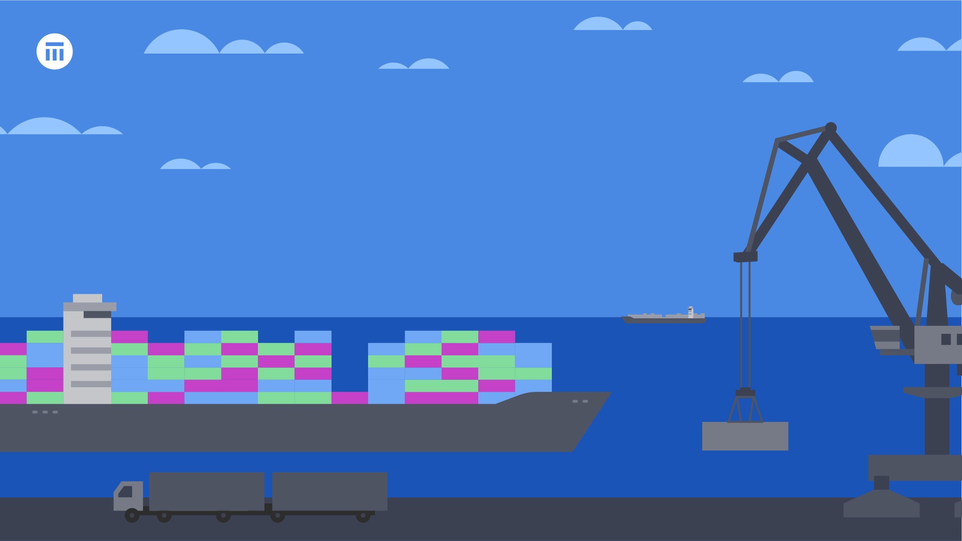 Illustrated view of a harbour with a container ship being loaded or unloaded.