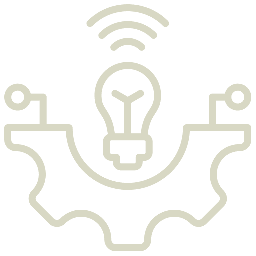 Light bulb inside a gear with wireless signal lines, representing innovative solutions or smart technology.