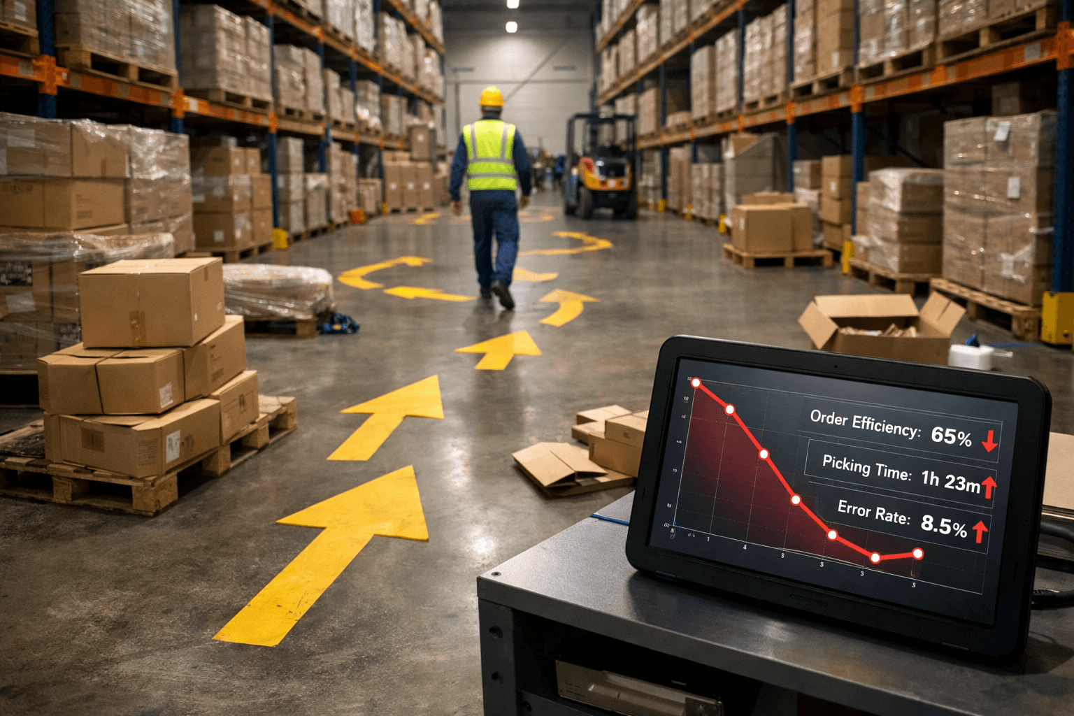 Centro de distribuição organizado, com corredores largos e prateleiras cheias, onde setas no chão indicam um trajeto longo percorrido por um operador. Algumas caixas fora do lugar sugerem desperdício operacional. Em primeiro plano, um tablet exibe métricas de desempenho em queda, reforçando ineficiências ocultas em um ambiente de armazém realista e bem iluminado.