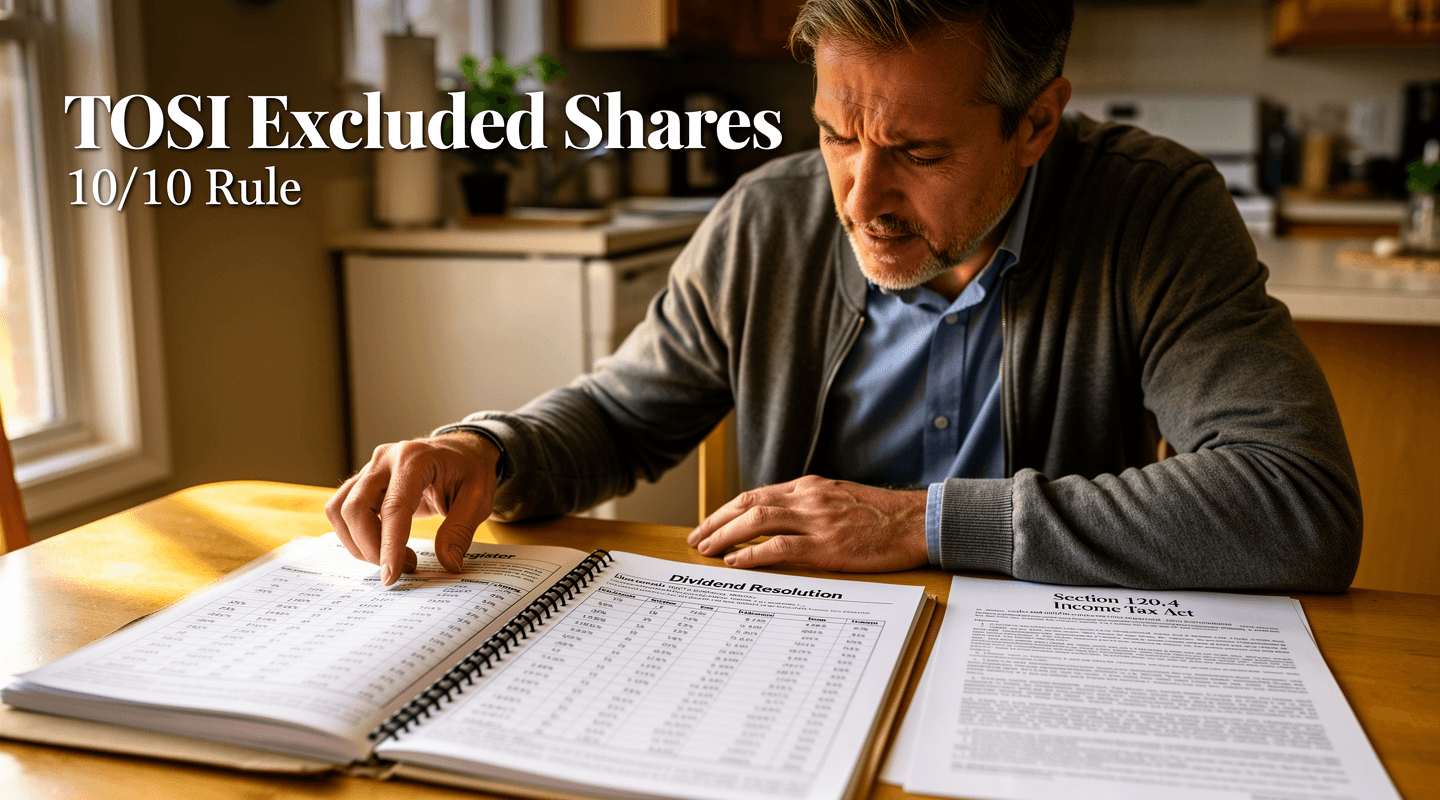 A Canadian owner-manager reviewing a share register and a dividend resolution at a kitchen table with a copy of section 120.4 of the Income Tax Act open beside