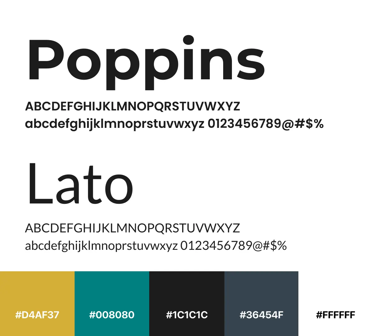The BookedLens design system showcasing the Poppins and Lato typography scale alongside a minimalist professional color palette.