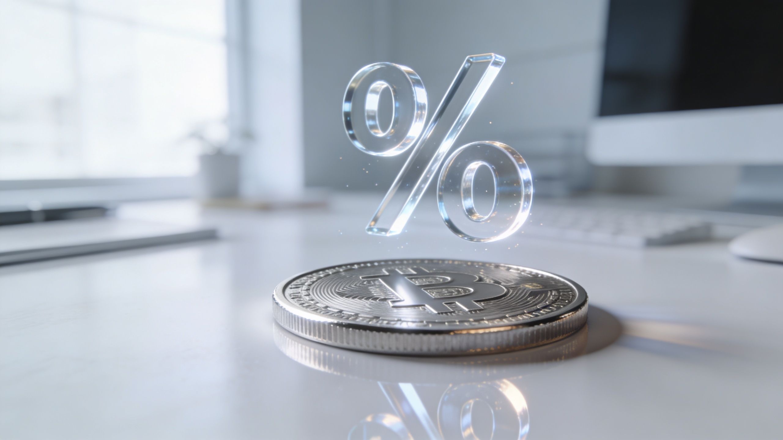 A silver Bitcoin coin rests on a desk with a glowing holographic percent sign hovering above it.