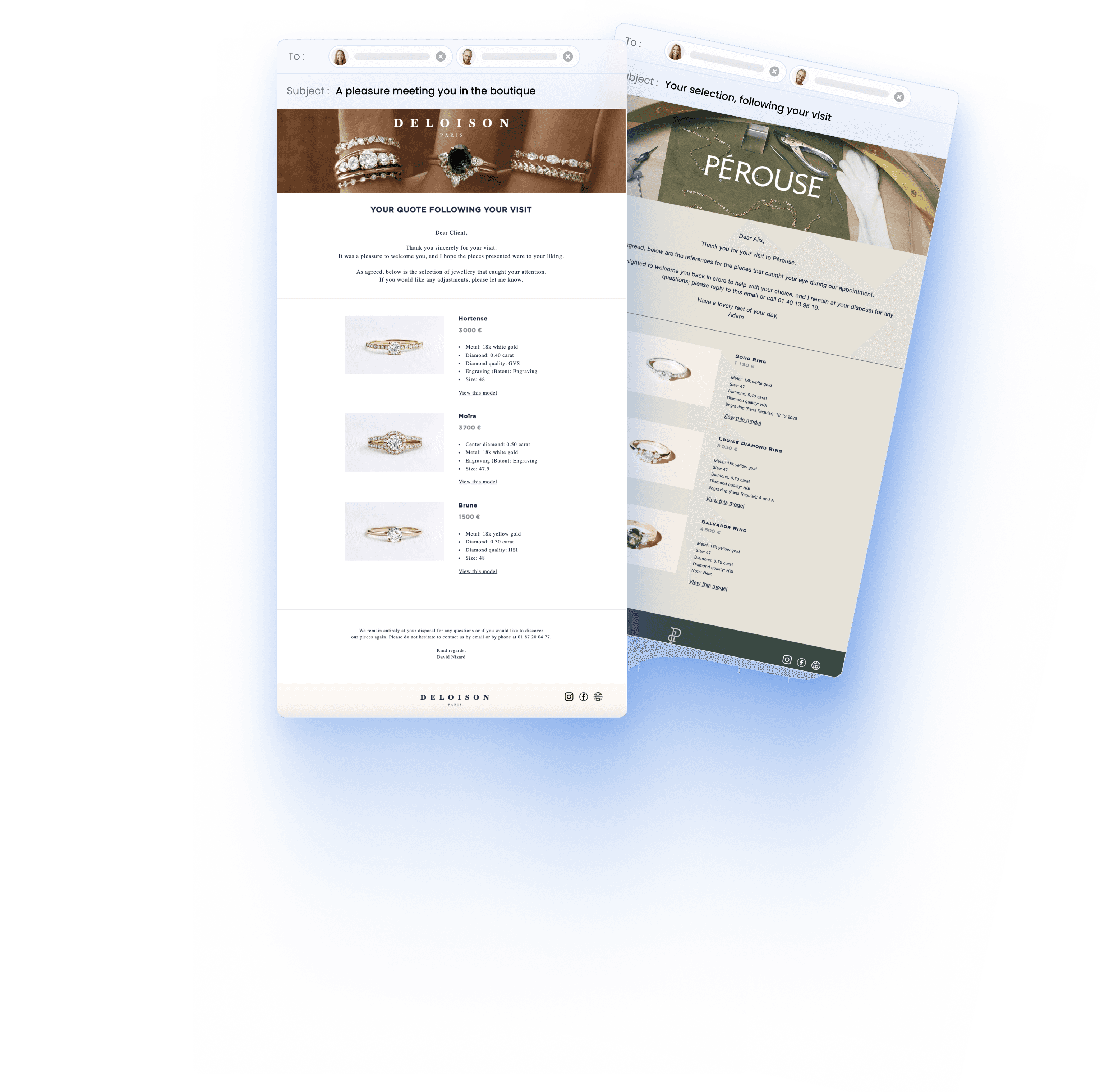 Exemple de 3 devis 2.0 envoyé par mail. GemFlow est un outil de création de devis à destination des joalliers et bijoutiers.