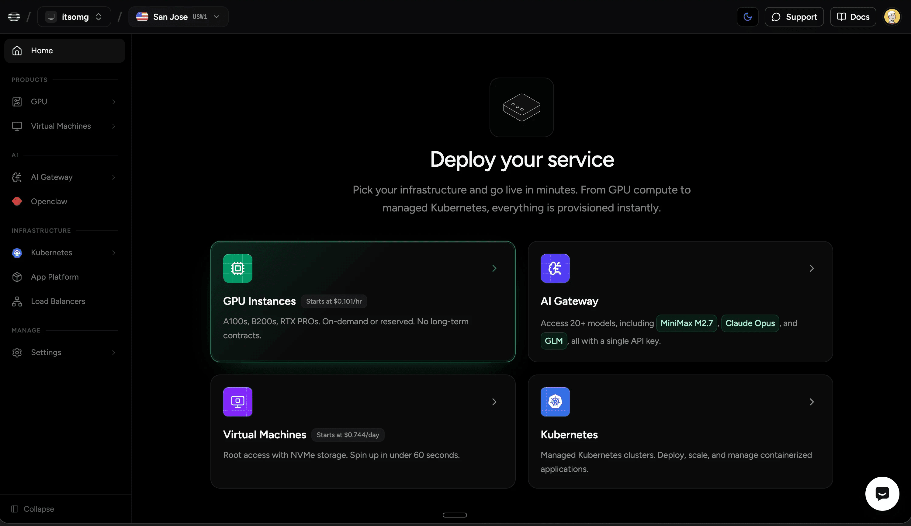 Huddle01 Cloud console - deploy virtual machines, Kubernetes, Docker, block storage and load balancers