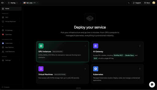 Huddle01 Cloud console - deploy virtual machines, Kubernetes, Docker, block storage and load balancers
