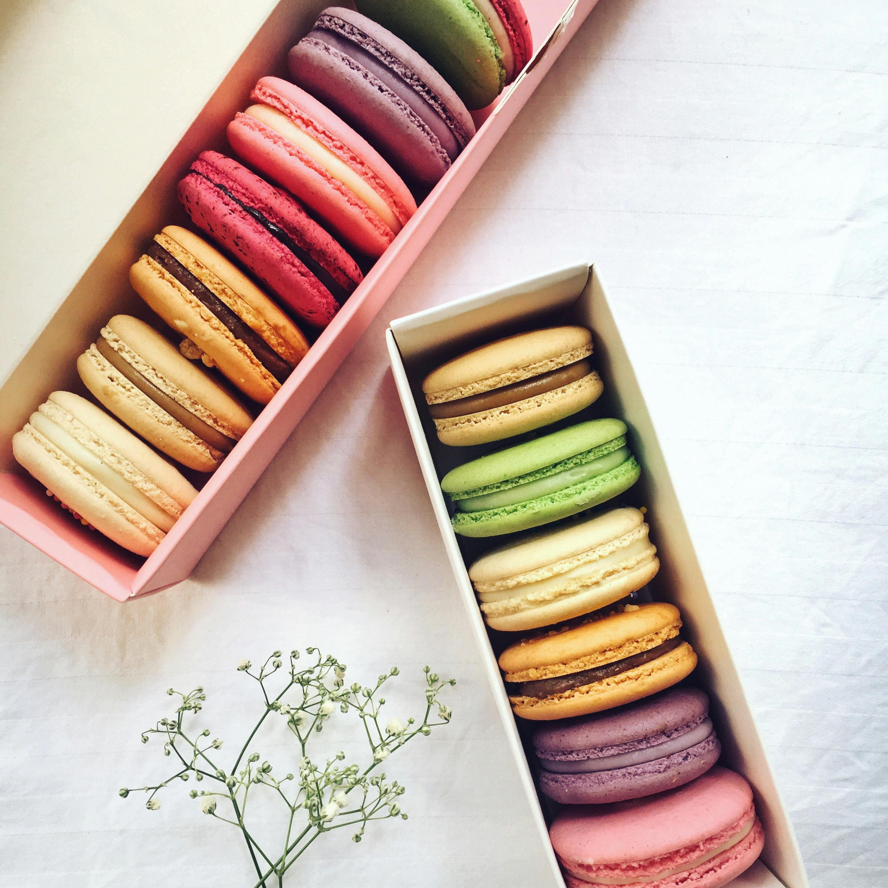 Two boxes of colorful macarons arranged on a light surface, accompanied by a small flower.