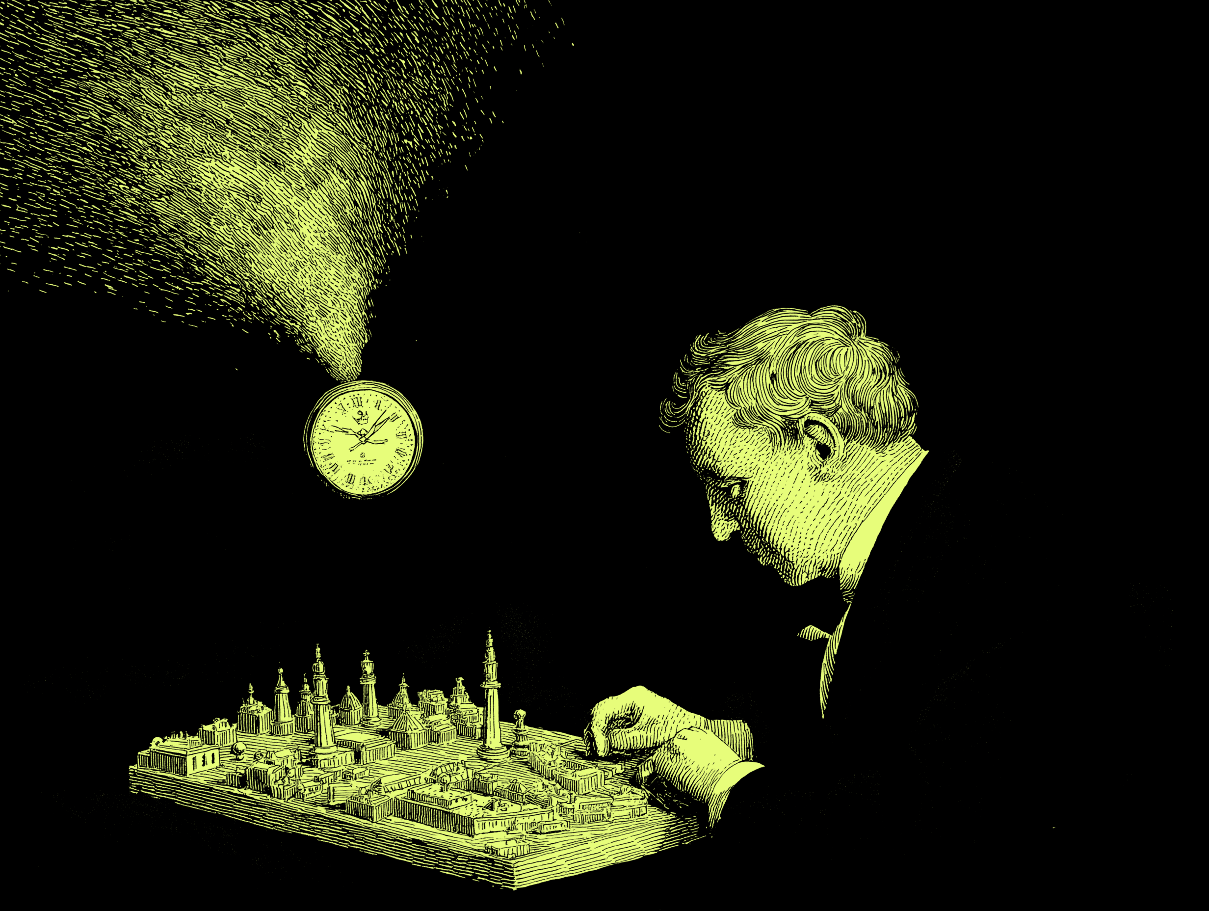 Ilustración de una persona observando un reloj suspendido sobre una ciudad, representando enfoque estratégico y ejecución.