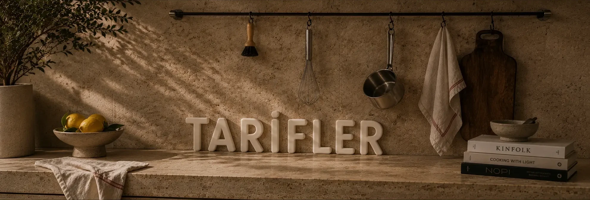 TARİFLER seramik harfleri, mutfak tezgâhında limonlar ve pişirme gereçleri