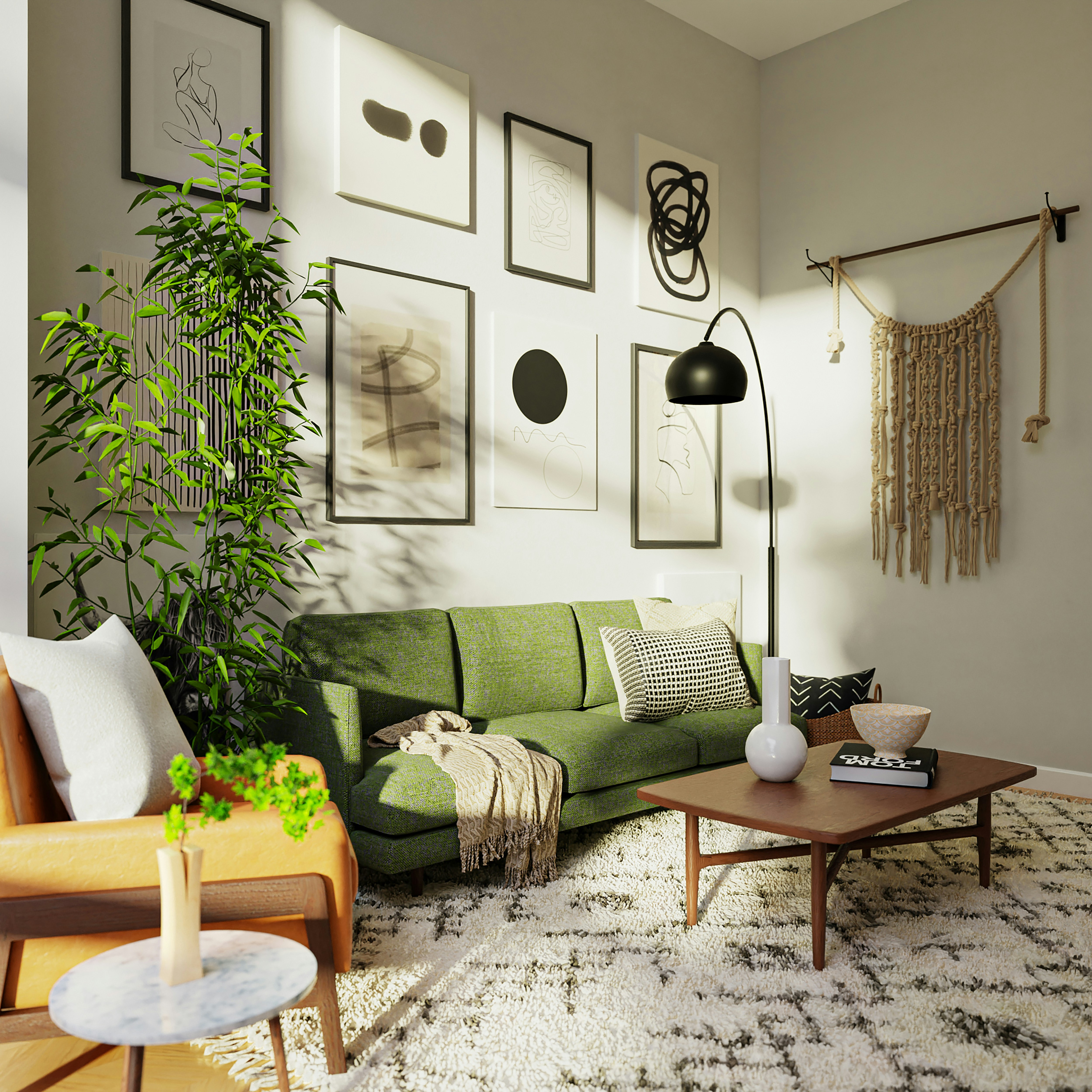 Moody modern living room with lounge chairs, lamp.