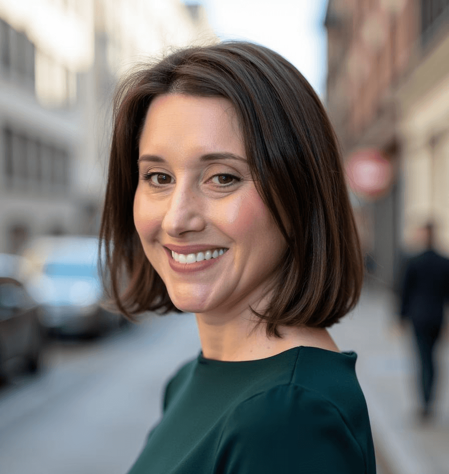 Portrait of founder Brie Entel, chief strategist. white woman in her 40s with shoulder-length brown hair, big smile, and green shirt with high collar.