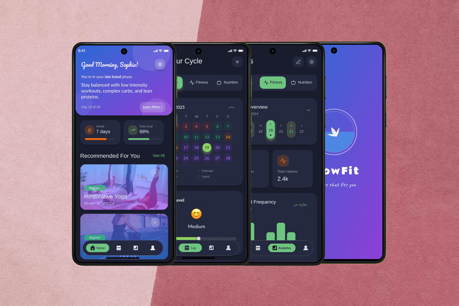 Preview of app screens including dashboard, logging page, stats page, and splash screen