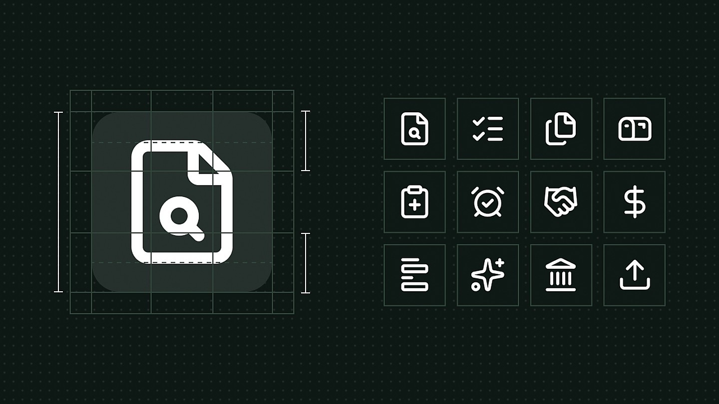 Icon set from the Alpha Law design, using Lucide line icons: a document-search icon on a keyline grid beside twelve icons, including a checklist, a clipboard, an alarm clock, a handshake, a dollar sign, sparkles and a landmark