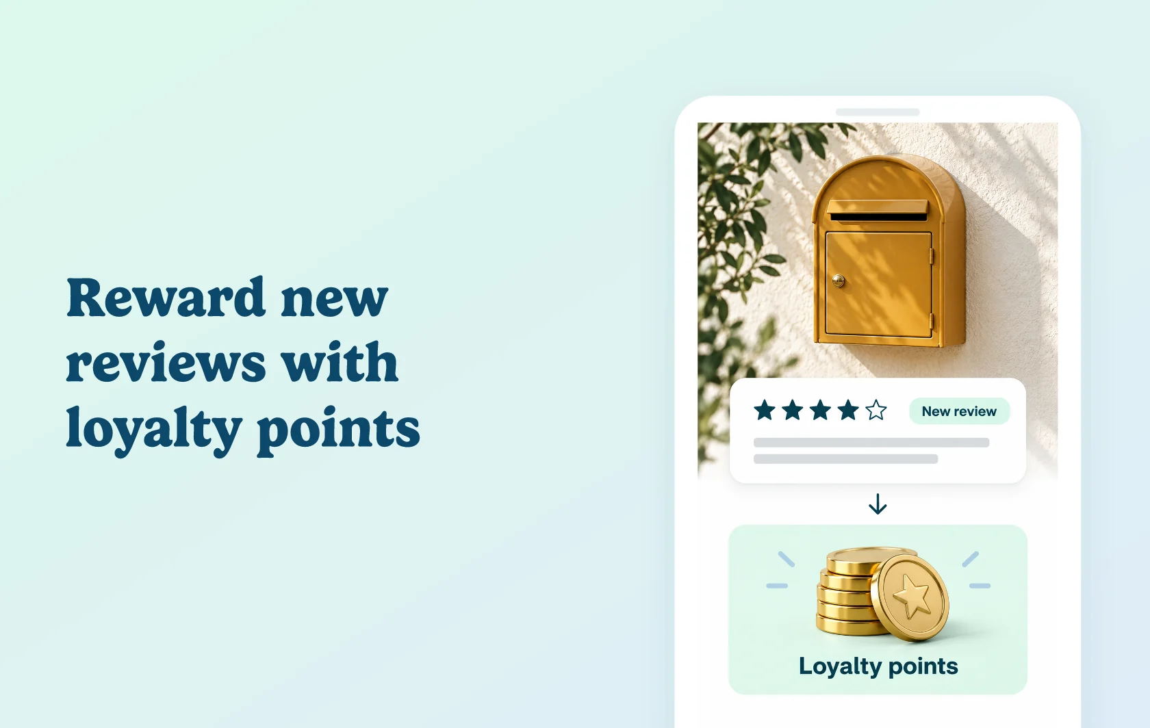 Judge.me and Amplify Loyalty integration: illustration of a mailbox review marked new, connected to a loyalty points reward inside a phone.