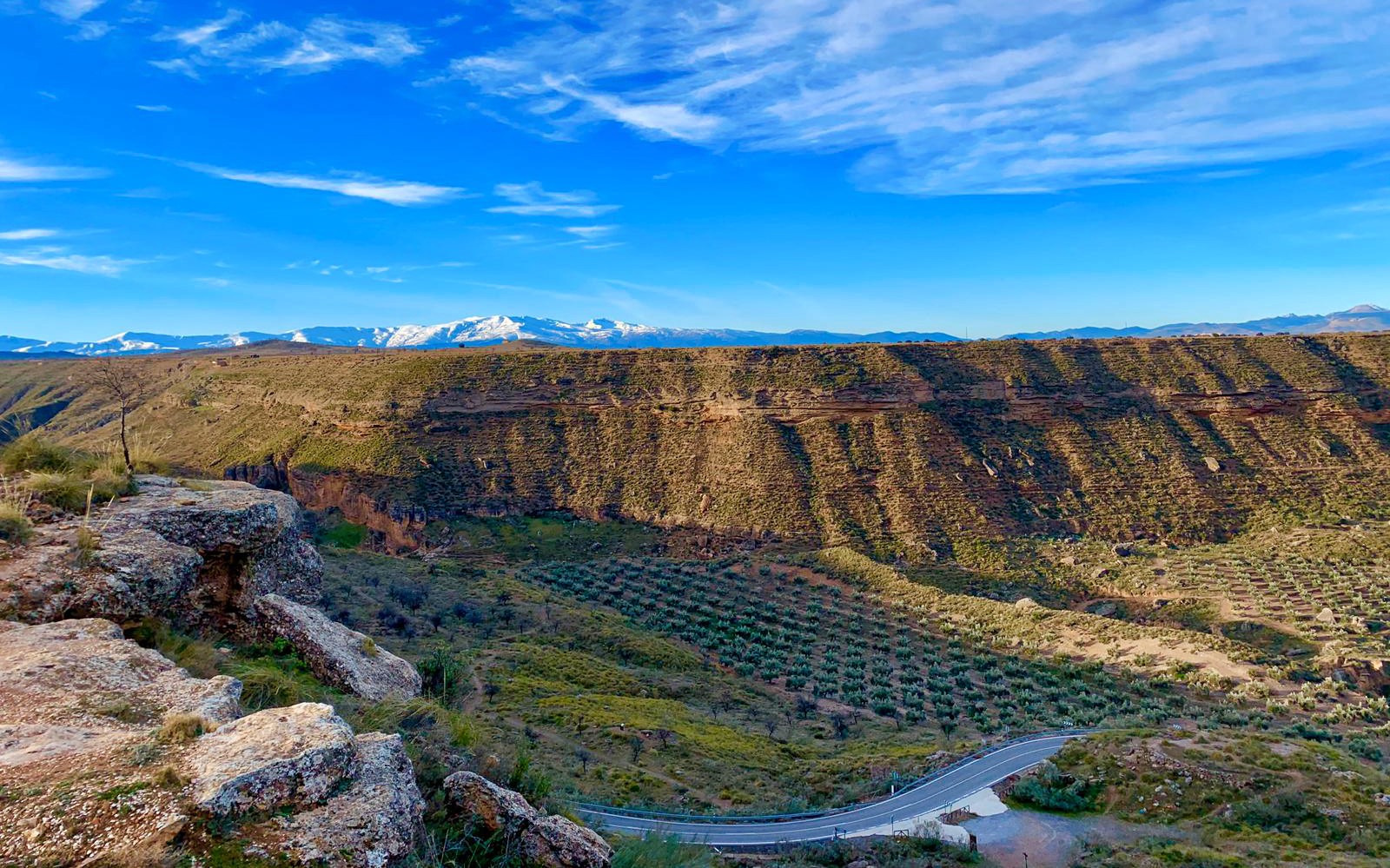 格拉纳达地质公园的景观展示了沙漠地形和远处的群山。