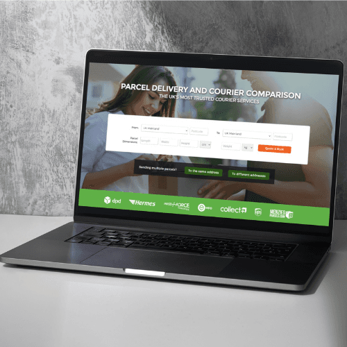 Laptop displaying My Parcel Delivery homepage on a white desk against a gray wall