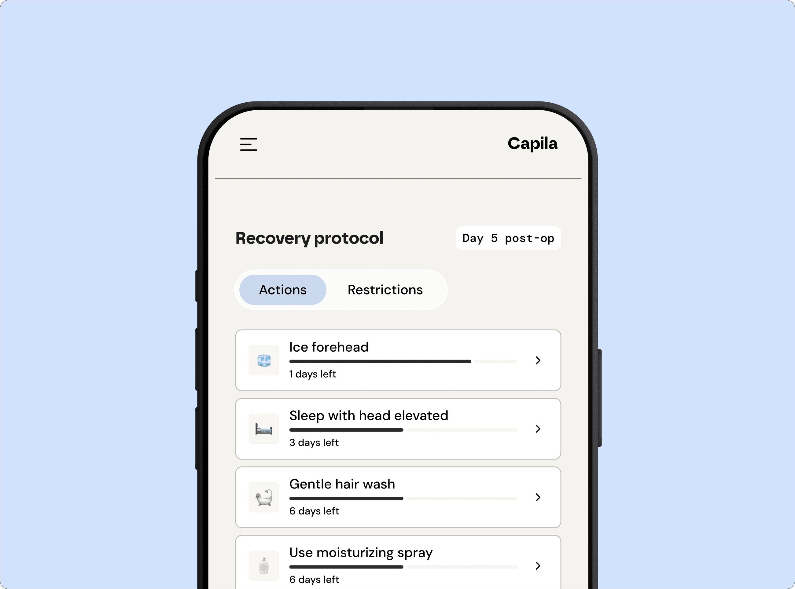 Capila mobile app has a ai chat trained to give personalized answers for hair transplant patients