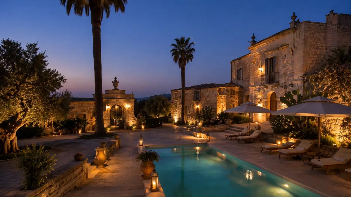 Corte di villa in pietra con piscina e illuminazione serale