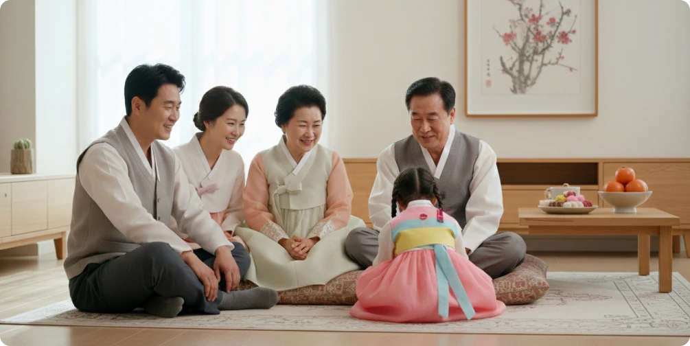 명절, 기업의 명절선물과 함께 가족과 시간을 보내는 모습