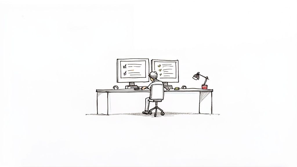 A cartoon person works at a desk with two computer monitors displaying task lists, symbolizing digital workflow.