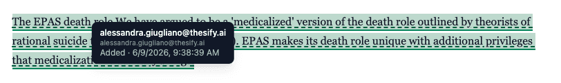 A manuscript draft in thesify Coauthor showing a hover tooltip that attributes specific text solely to a human author without an AI tag.