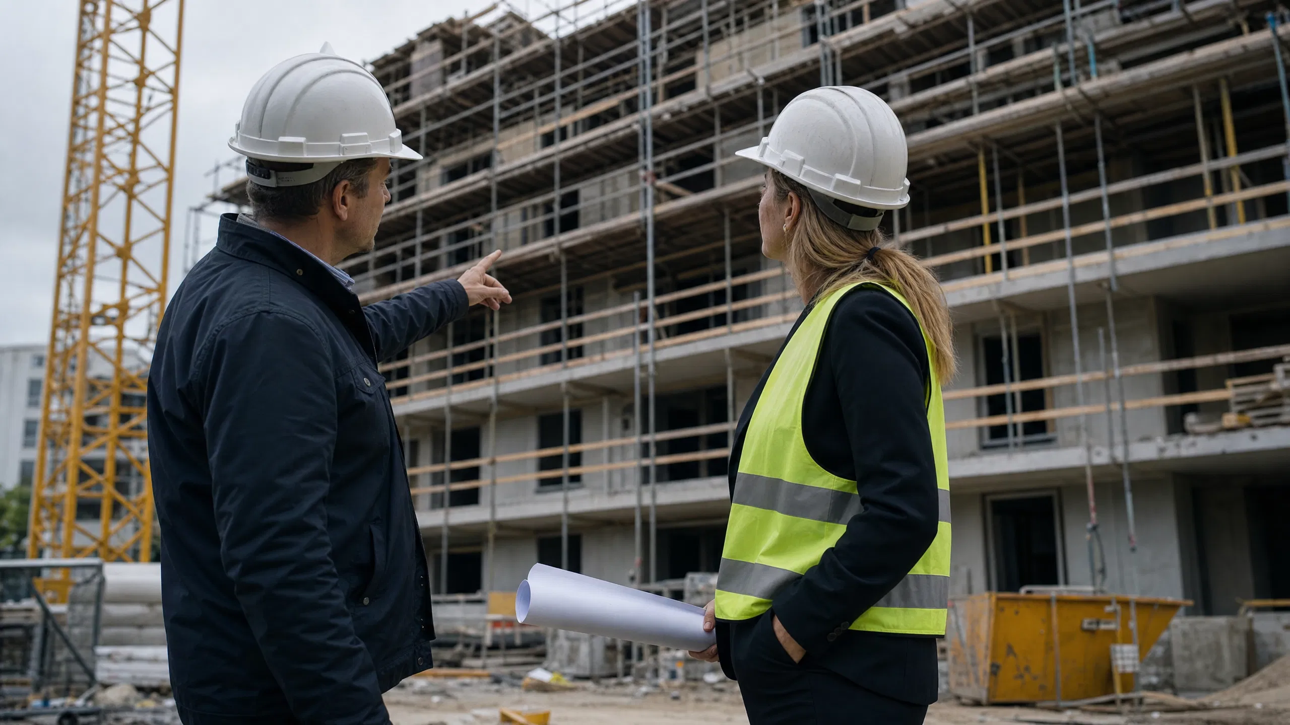 Ein Projektentwickler und eine Architektin besprechen auf einer österreichischen Baustelle den Fortschritt eines mehrstöckigen Wohngebäudes – Kran und Gerüst im Hintergrund, Baupläne in der Hand.