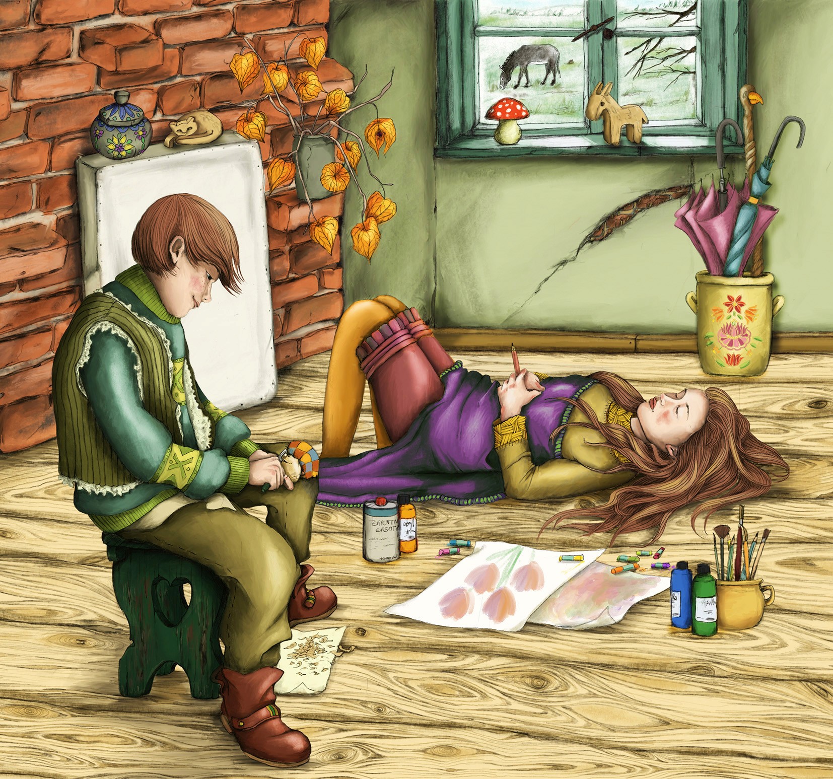 Zwei Kinder in einem Atelier. Ein Junge schnitzt und ein Mädchen liegt auf dem Boden. Neben ihr Malutensilien