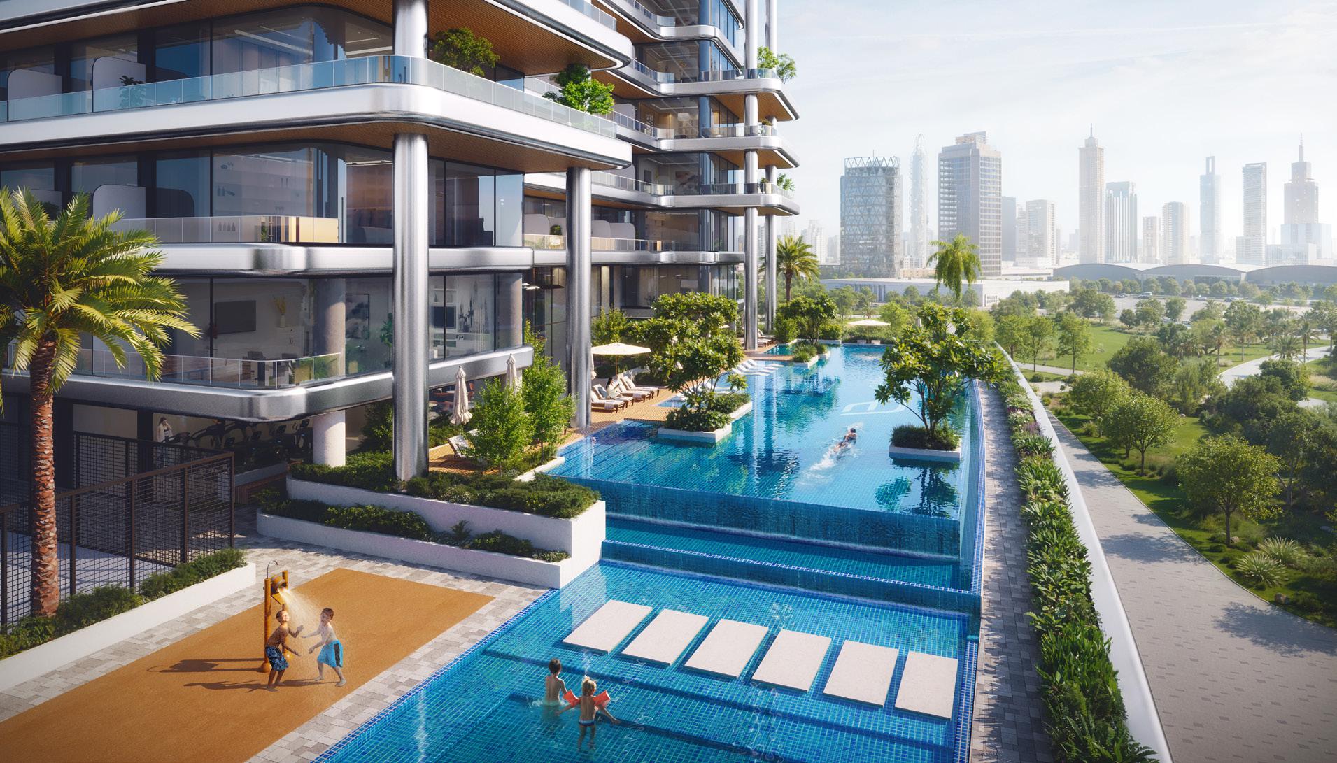 Relaxing pool deck and amenities at Binghatti Hillside. Premium lifestyle real estate in the heart of Dubai.