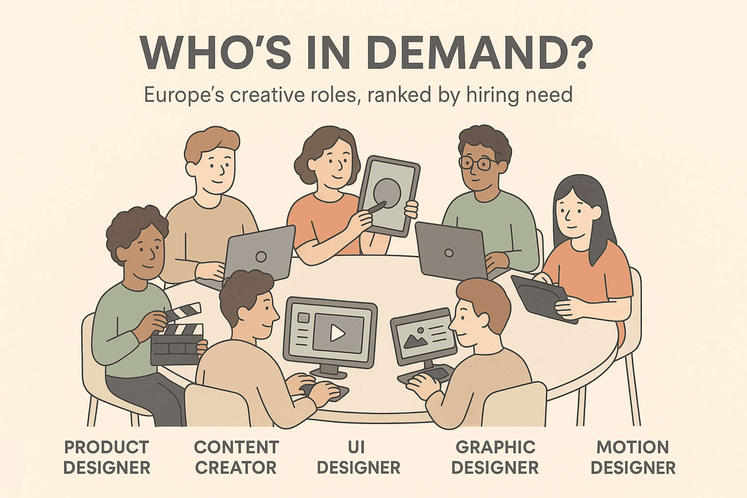 Flat-style illustration showing six creative professionals—Product Designer, Content Creator, UI Designer, Graphic Designer, Motion Designer, and Video Editor—sitting around a table with digital tools. Titled “Who’s in Demand? Europe’s creative roles, ranked by hiring need.” Ideal visual for motion design job market analysis.